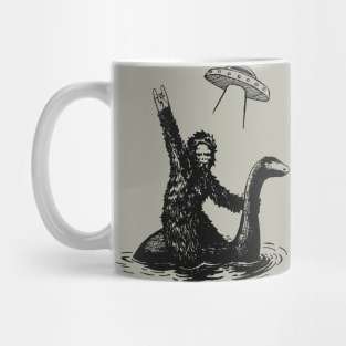 Bigfoot riding the Loch Ness monster with a UFO Mug